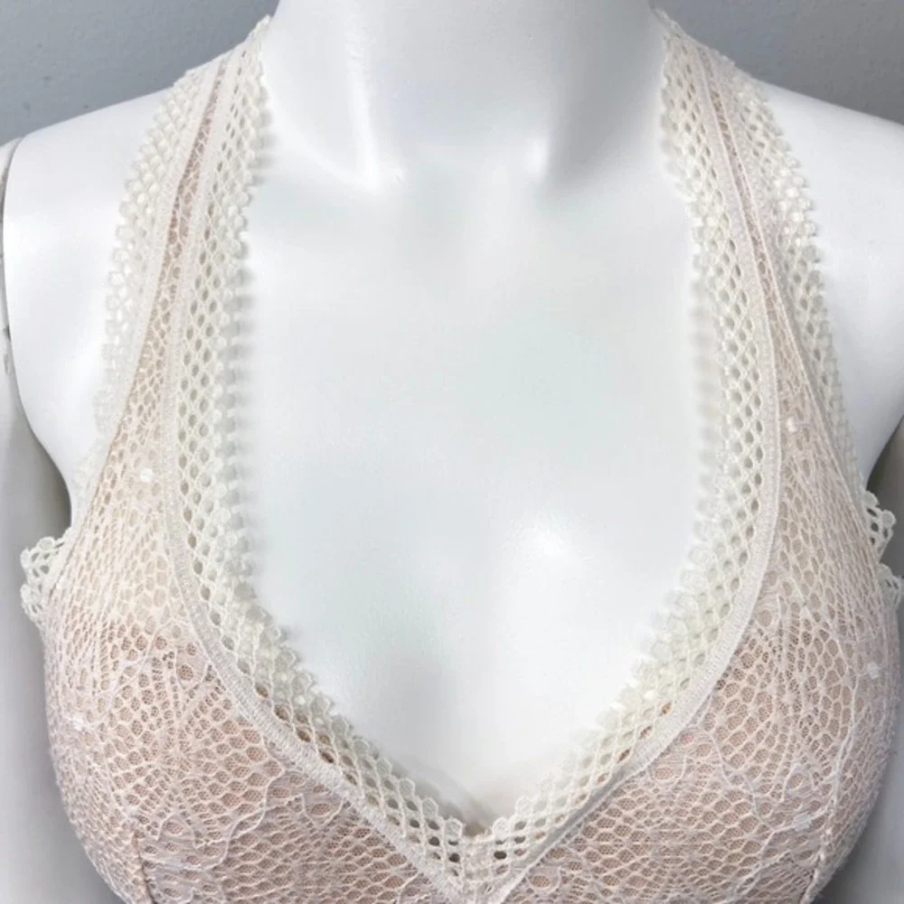 Victorias Secret Lace Trim Bralette Ivory White Size XS Racerback Crochet Halter